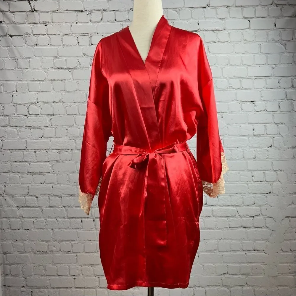 Fredricks of Hollywood Sexy Coral Satin Lace Trimmed Robe with Pockets & Belt